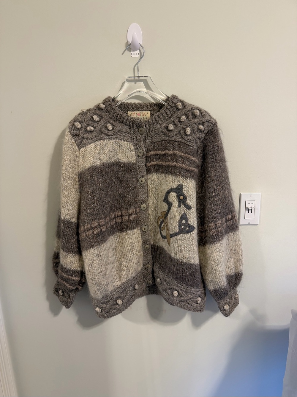 Vintage Blarney Ireland Hand Knit Mohair Wool Floral Appliqué Cardigan Sweater